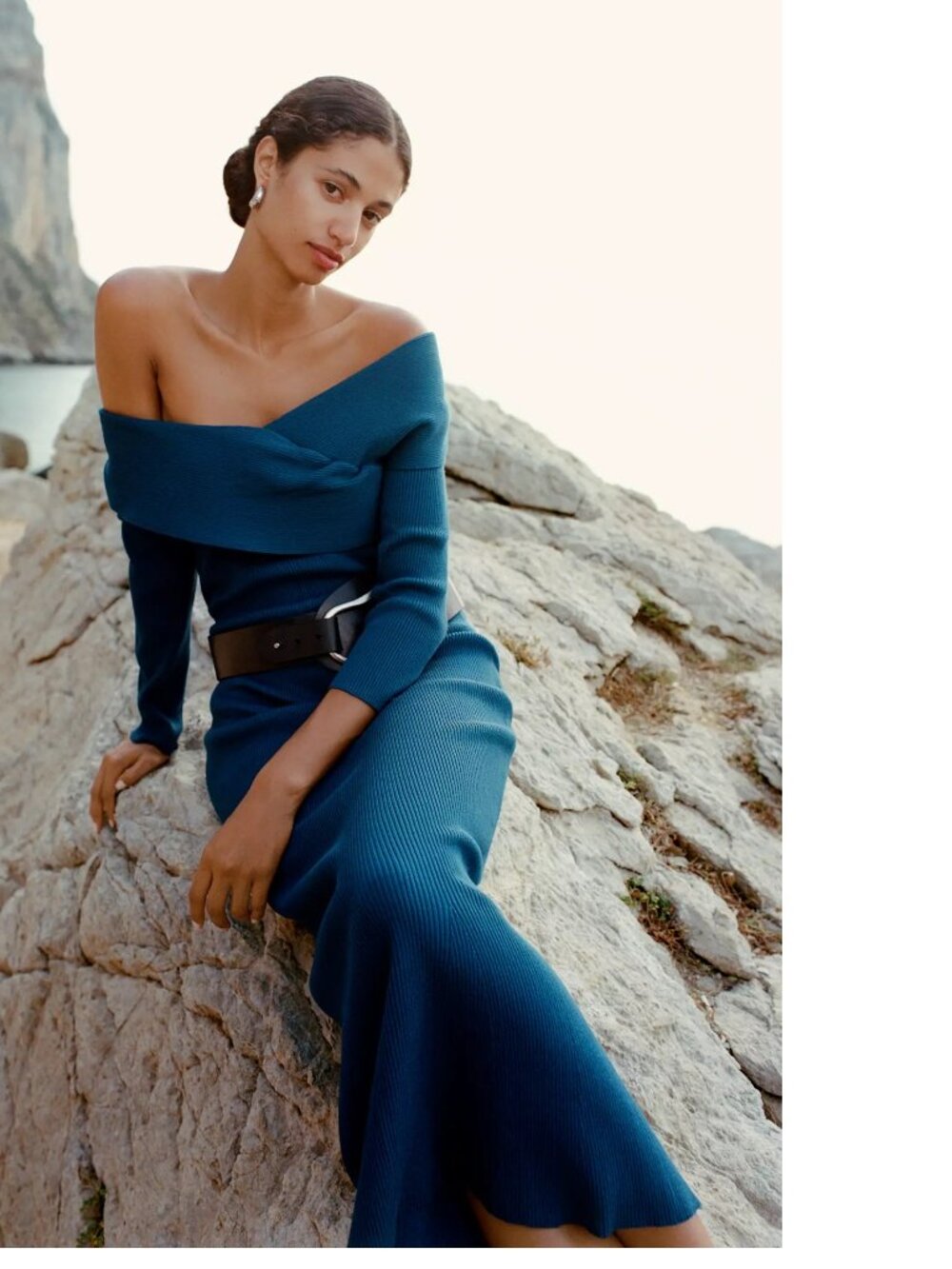 By Anthropologie Off-Shoulder Slim Sweater Dress M blue color new with tag nwt